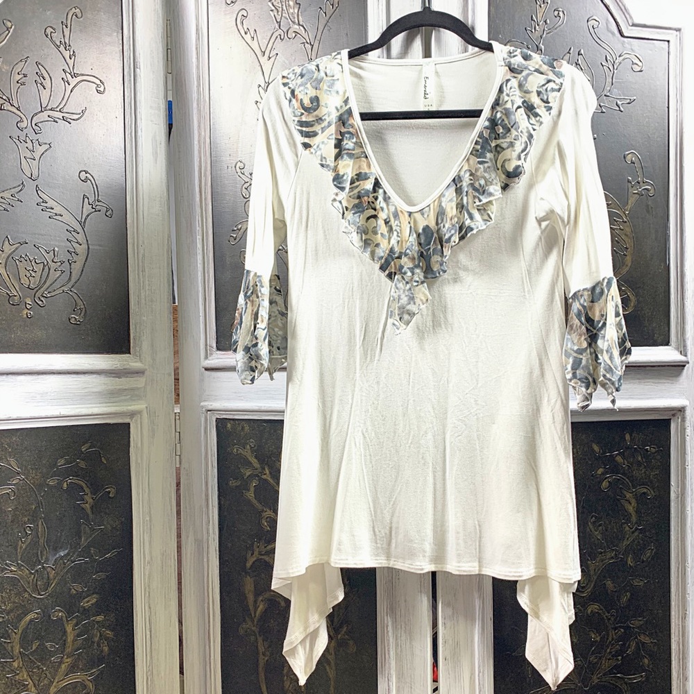 Creamy V Neck Tunic with Fringe Detail